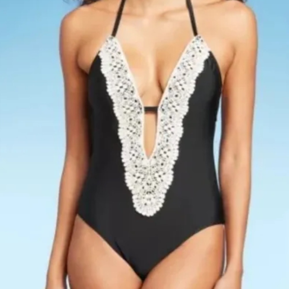 One Piece Swimsuit Plunge Macrame Black by Shade & Shore Crochet Halter S Cheeky